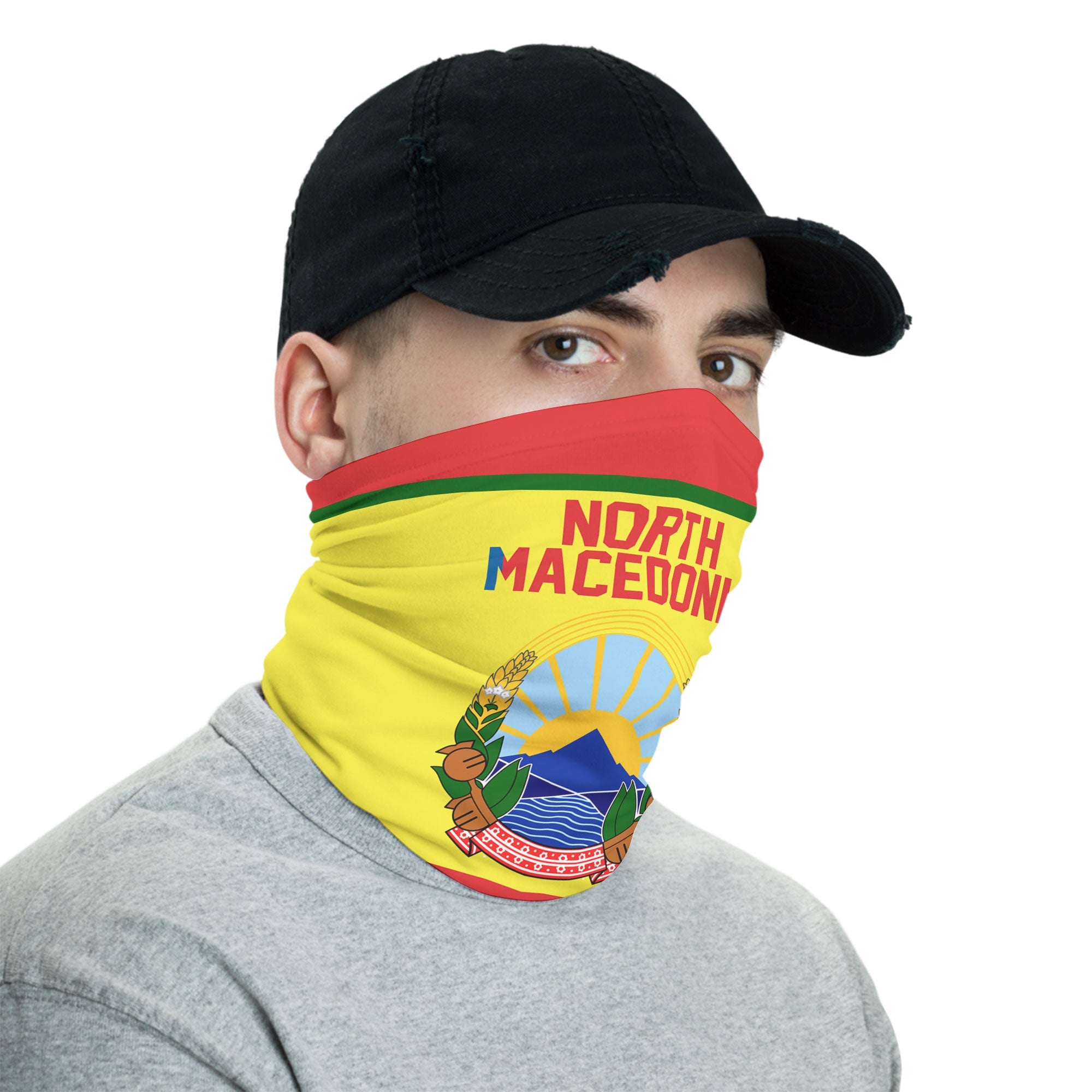 North Macedonia Neck Gaiter Flag & Coat Of Arms Hockey Style