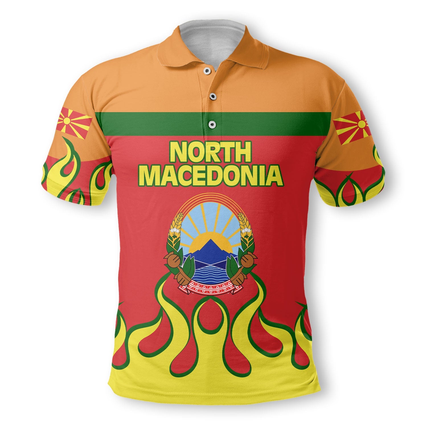 North Macedonia Polo Shirt Flag & Coat Of Arms Fire Hockey Style