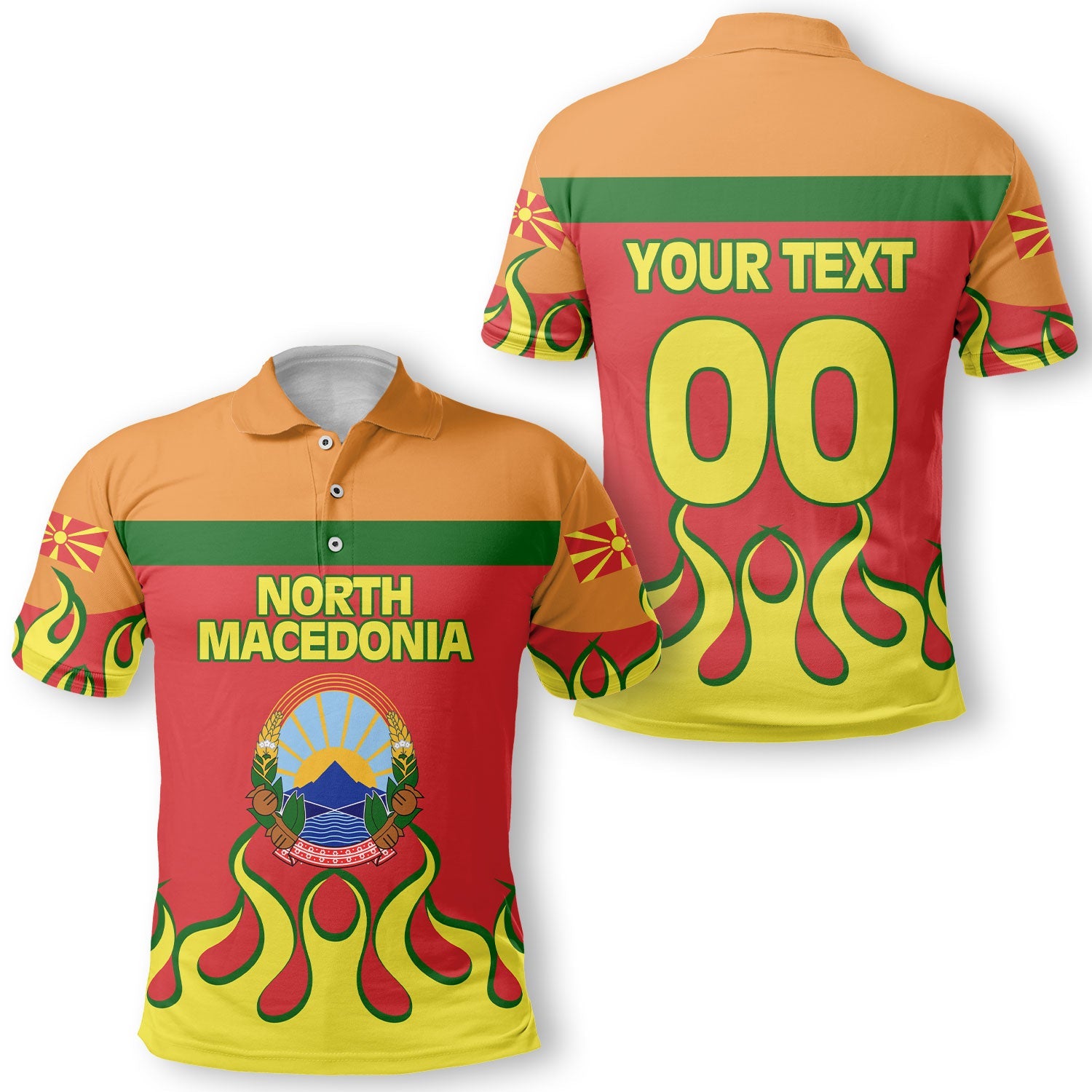 North Macedonia Polo Shirt Flag & Coat Of Arms Fire Hockey Style