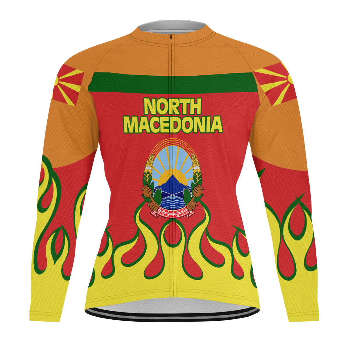 North Macedonia Men's Cycling Jersey Long Sleeve Flag & Coat Of Arms Fire Hockey Style