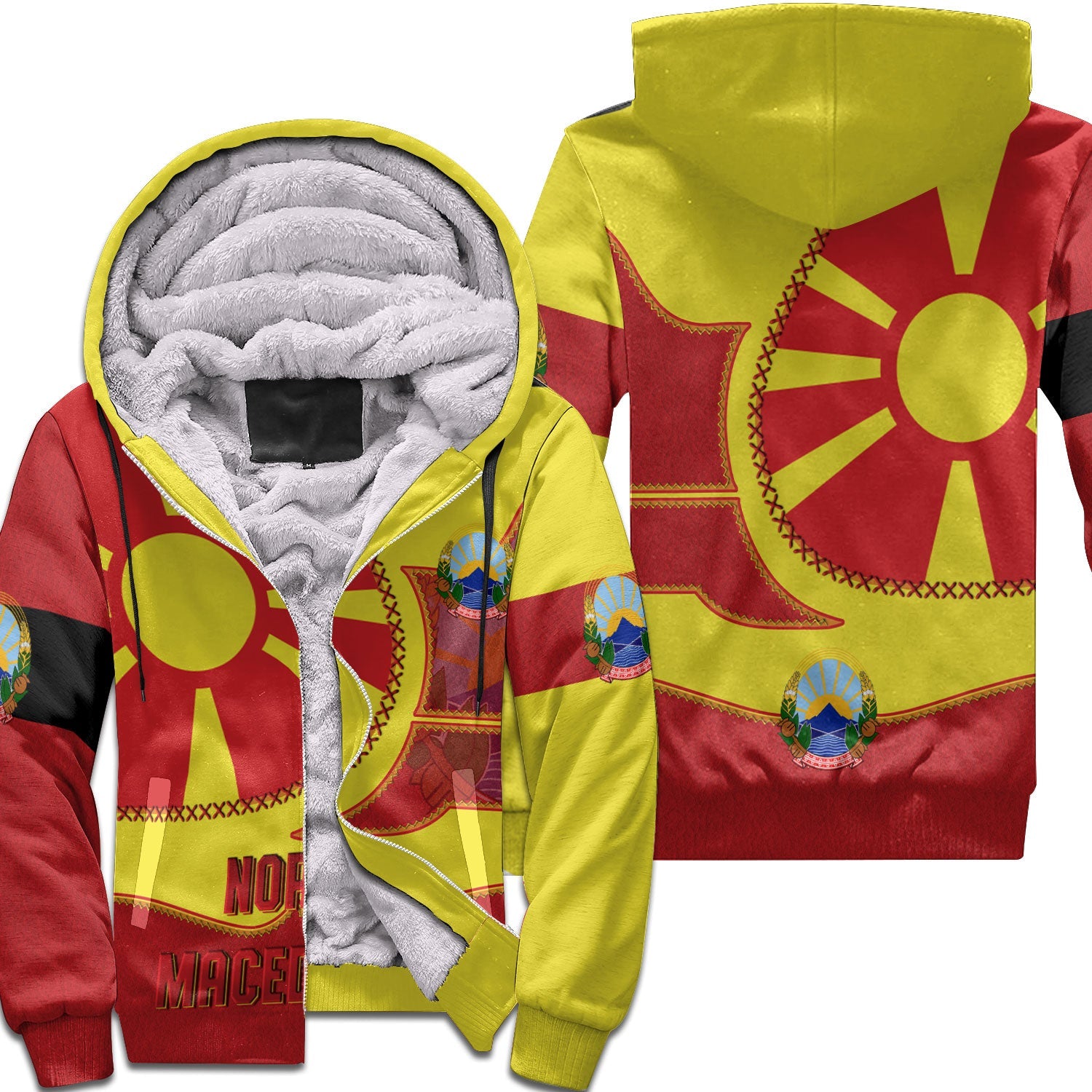 North Macedonia Sherpa Hoodie Flag & Coat Of Arms Leather Style