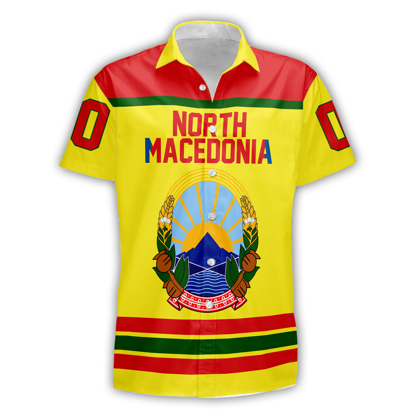 North Macedonia Short Sleeve Shirt Flag & Coat Of Arms Hockey Style