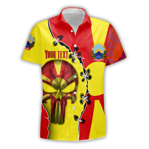 North Macedonia Short Sleeve Shirt Flag & Coat Of Arms Skull Style