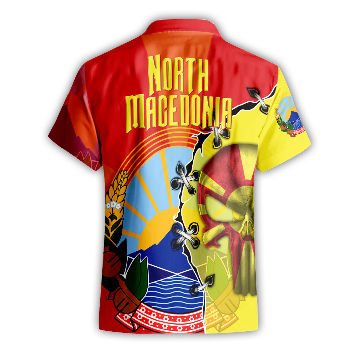 North Macedonia Short Sleeve Shirt Flag & Coat Of Arms Skull Style