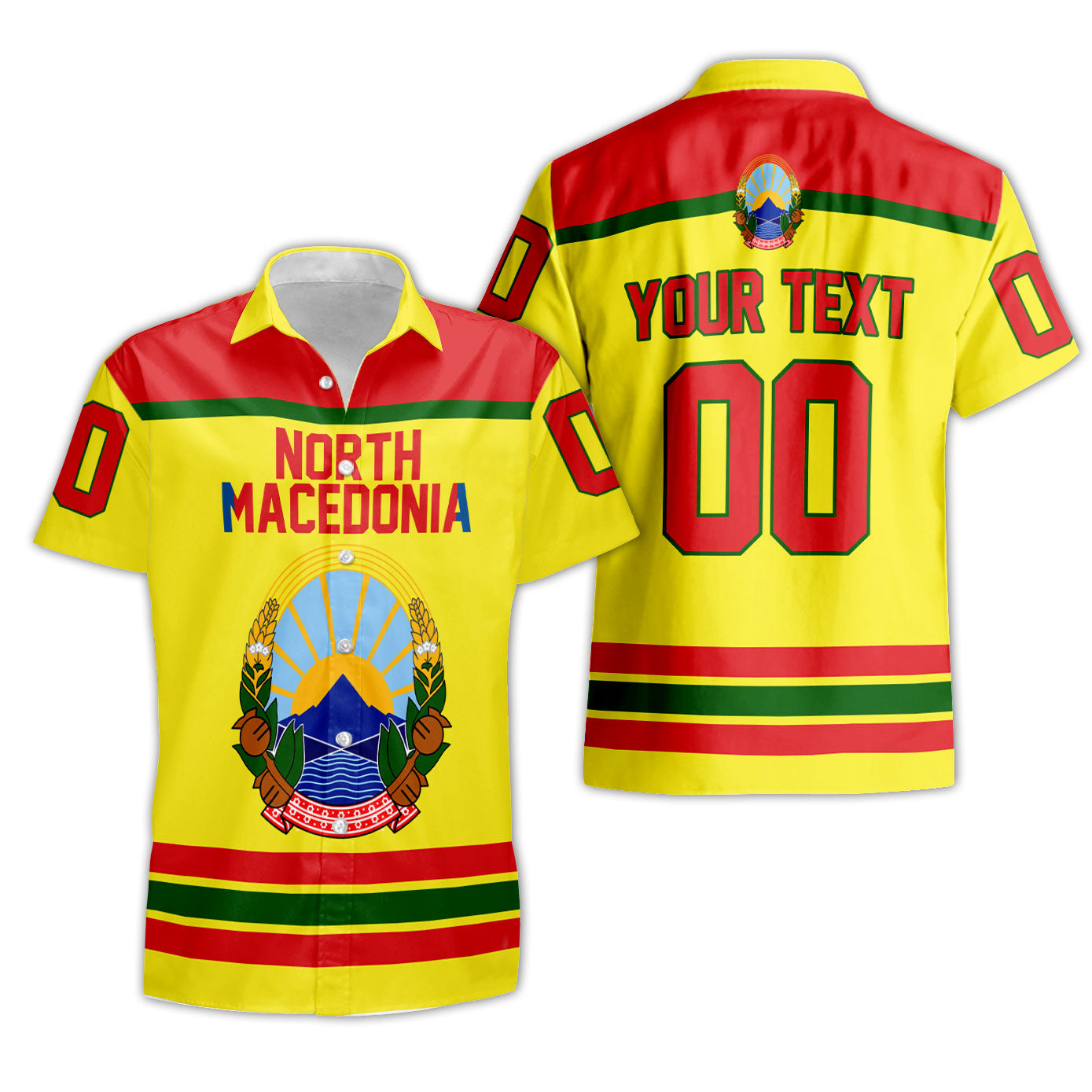 North Macedonia Short Sleeve Shirt Flag & Coat Of Arms Hockey Style