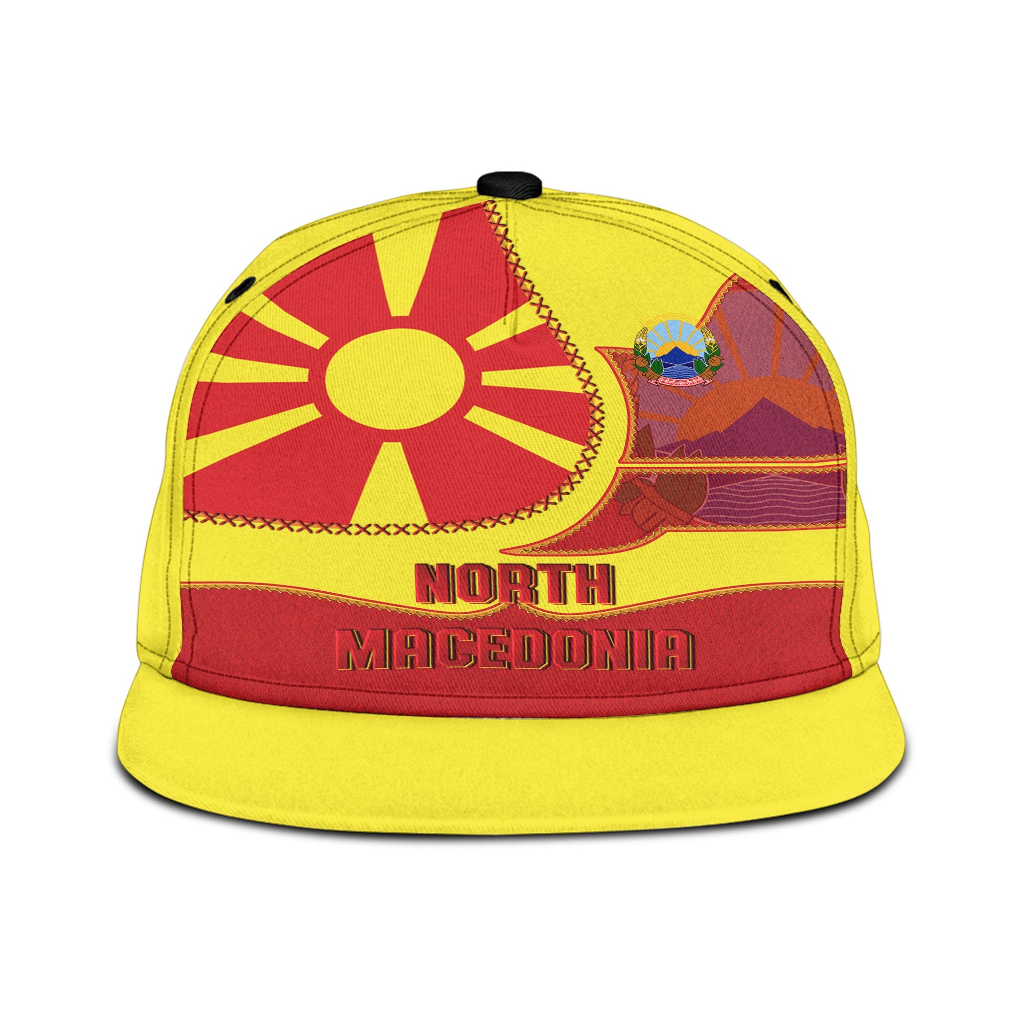 North Macedonia Snapback Hat Flag & Coat Of Arms Leather Style