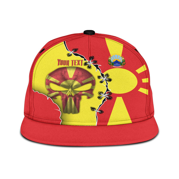 North Macedonia Snapback Hat Flag & Coat Of Arms Skull Style