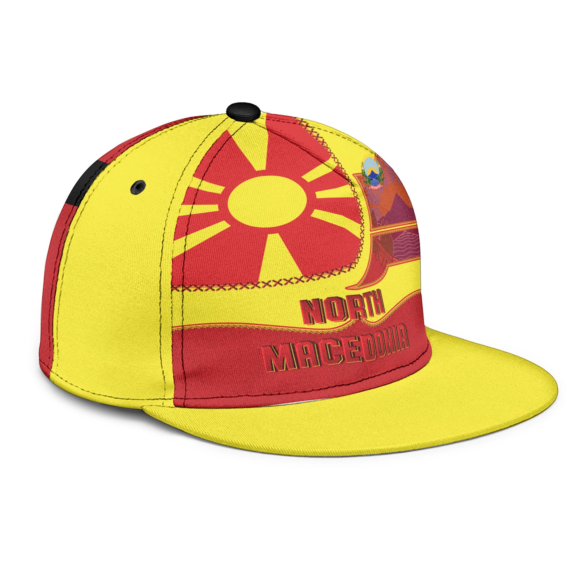 North Macedonia Snapback Hat Flag & Coat Of Arms Leather Style