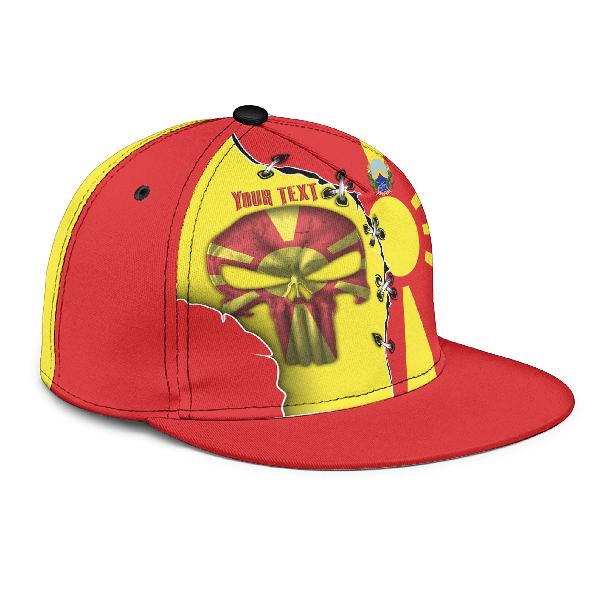 North Macedonia Snapback Hat Flag & Coat Of Arms Skull Style