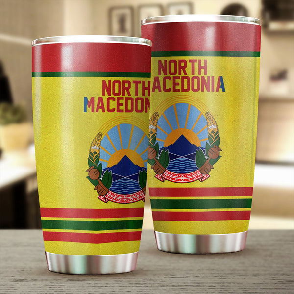 North Macedonia Stainless Steel Glitter Tumbler Flag & Coat Of Arms Hockey Style