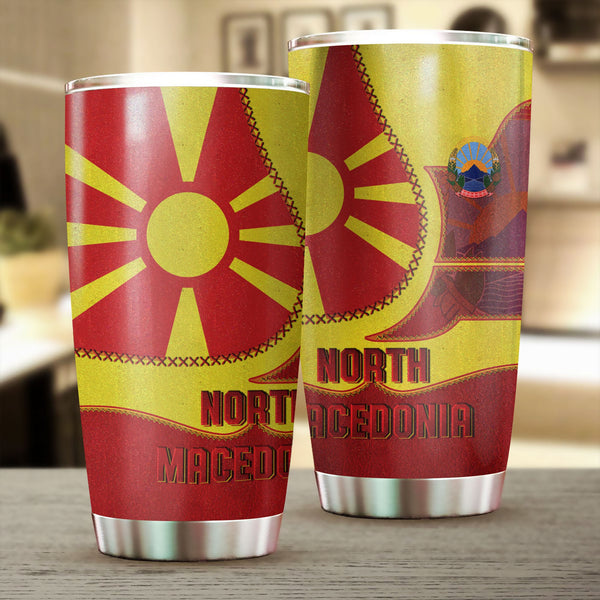 North Macedonia Stainless Steel Glitter Tumbler Flag & Coat Of Arms Leather Style