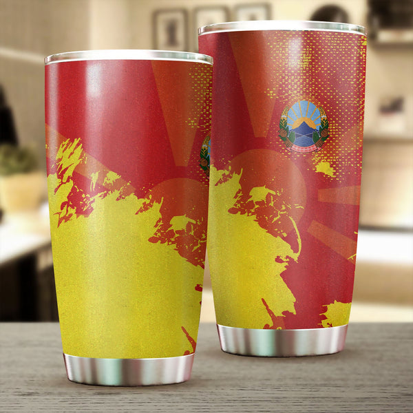 North Macedonia Stainless Steel Glitter Tumbler Flag & Coat Of Arms Paint Style