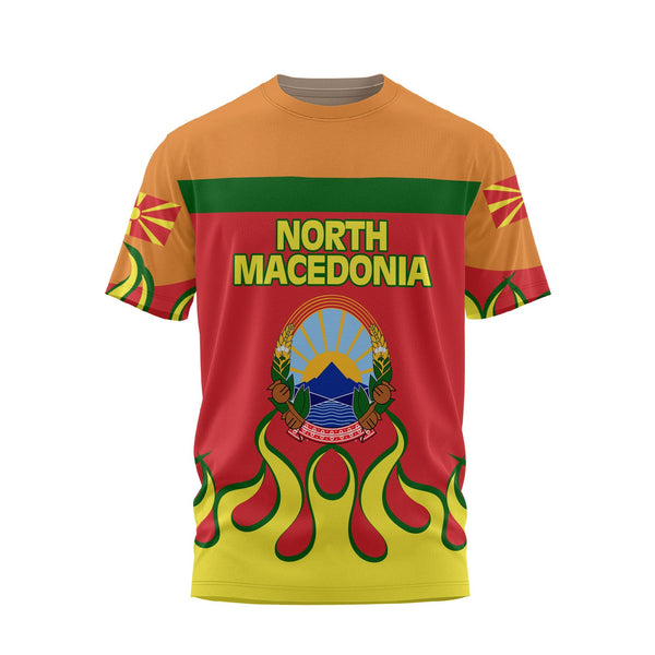 North Macedonia T Shirt Flag & Coat Of Arms Fire Hockey Style