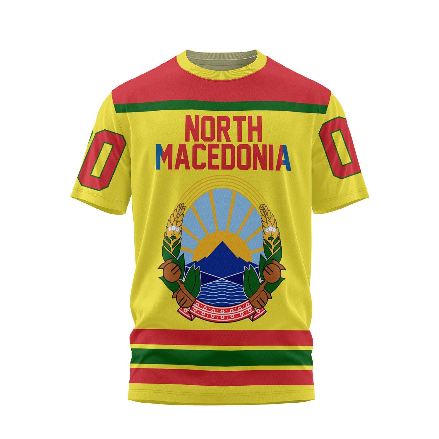 North Macedonia T Shirt Flag & Coat Of Arms Hockey Style