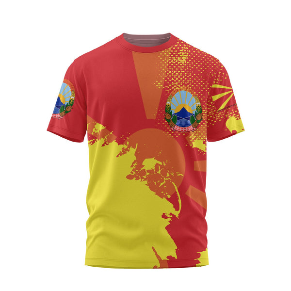 North Macedonia T Shirt Flag & Coat Of Arms Paint Style