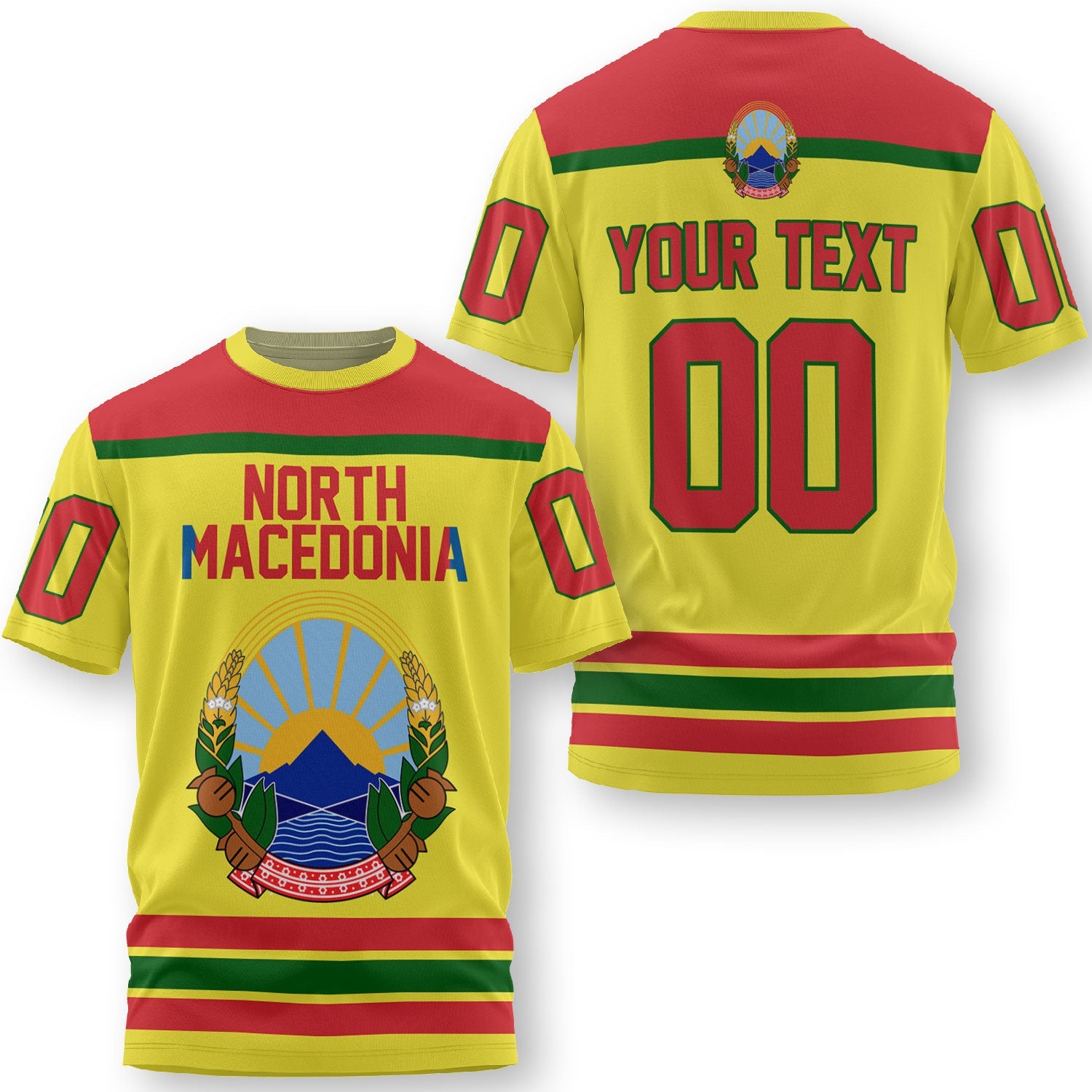 North Macedonia T Shirt Flag & Coat Of Arms Hockey Style