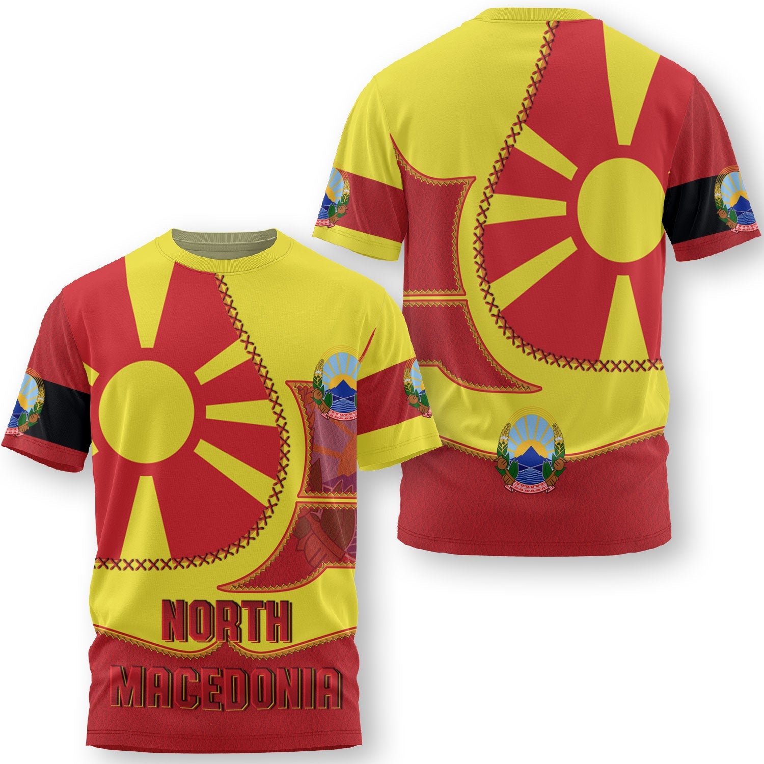 North Macedonia T Shirt Flag & Coat Of Arms Leather Style