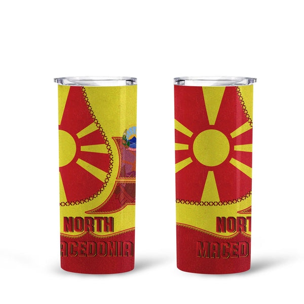 North Macedonia Tall Glitter Tumbler Flag & Coat Of Arms Leather Style