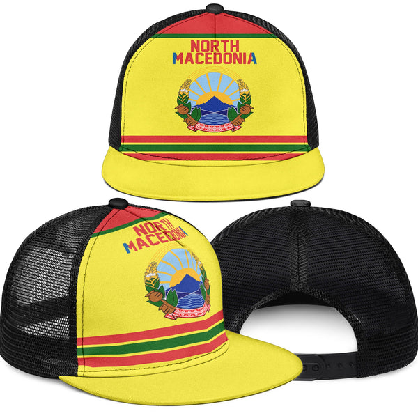 North Macedonia Trucker Hat Flag & Coat Of Arms Hockey Style