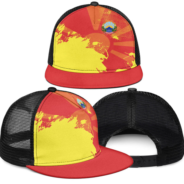 North Macedonia Trucker Hat Flag & Coat Of Arms Paint Style