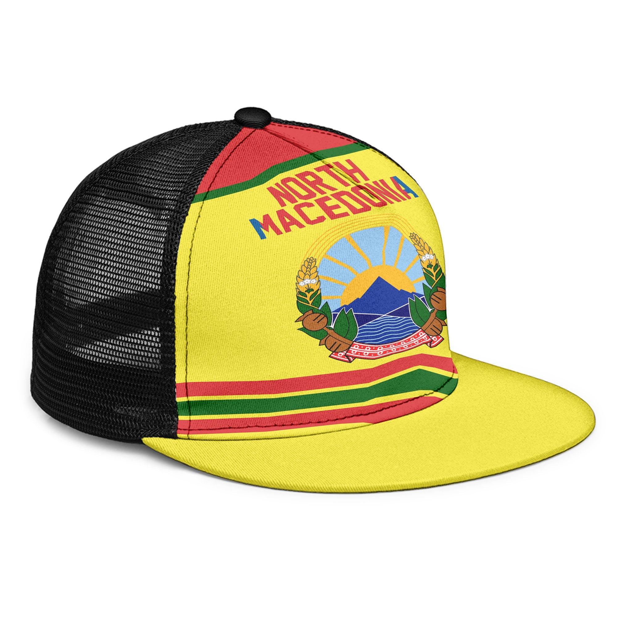 North Macedonia Trucker Hat Flag & Coat Of Arms Hockey Style