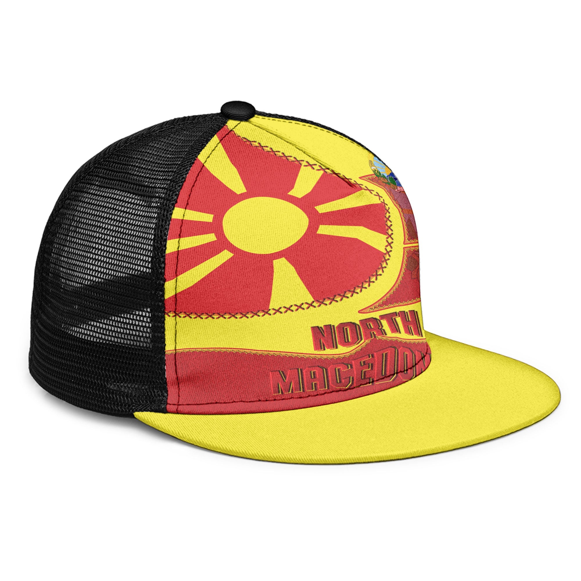 North Macedonia Trucker Hat Flag & Coat Of Arms Leather Style