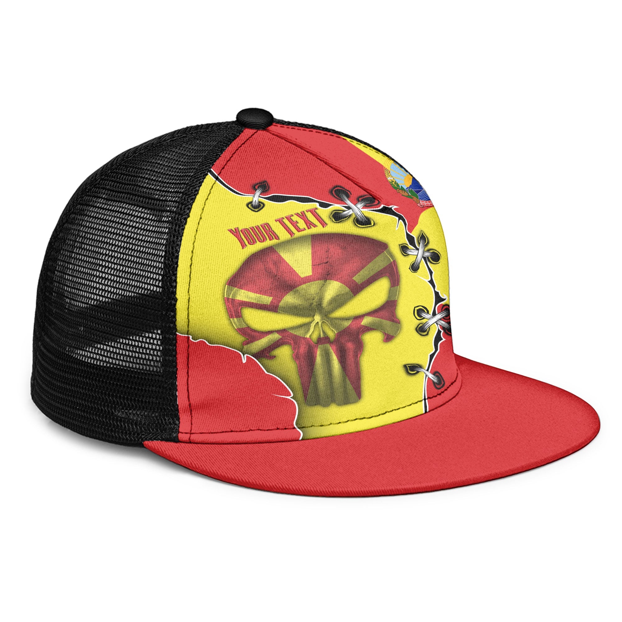 North Macedonia Trucker Hat Flag & Coat Of Arms Skull Style