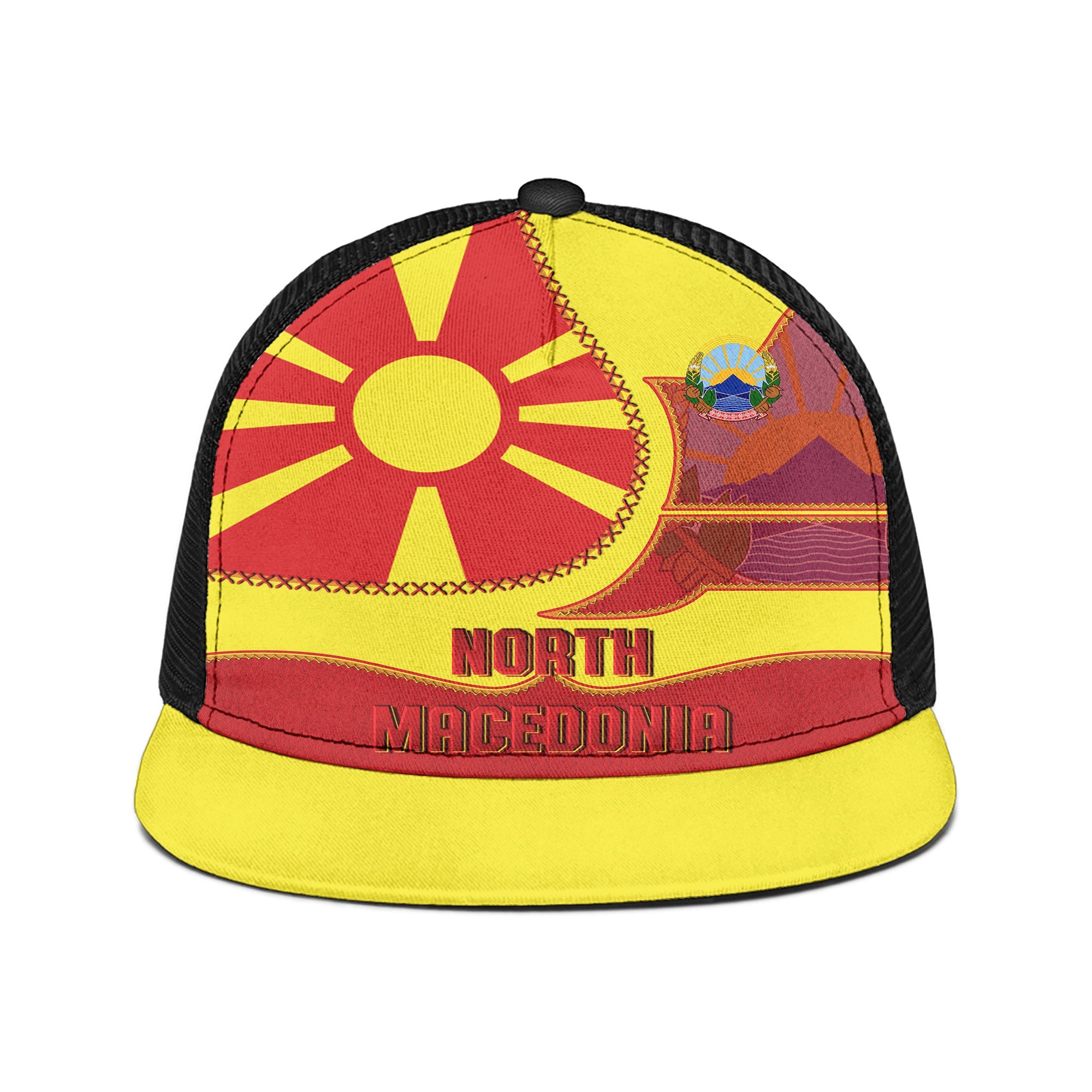 North Macedonia Trucker Hat Flag & Coat Of Arms Leather Style