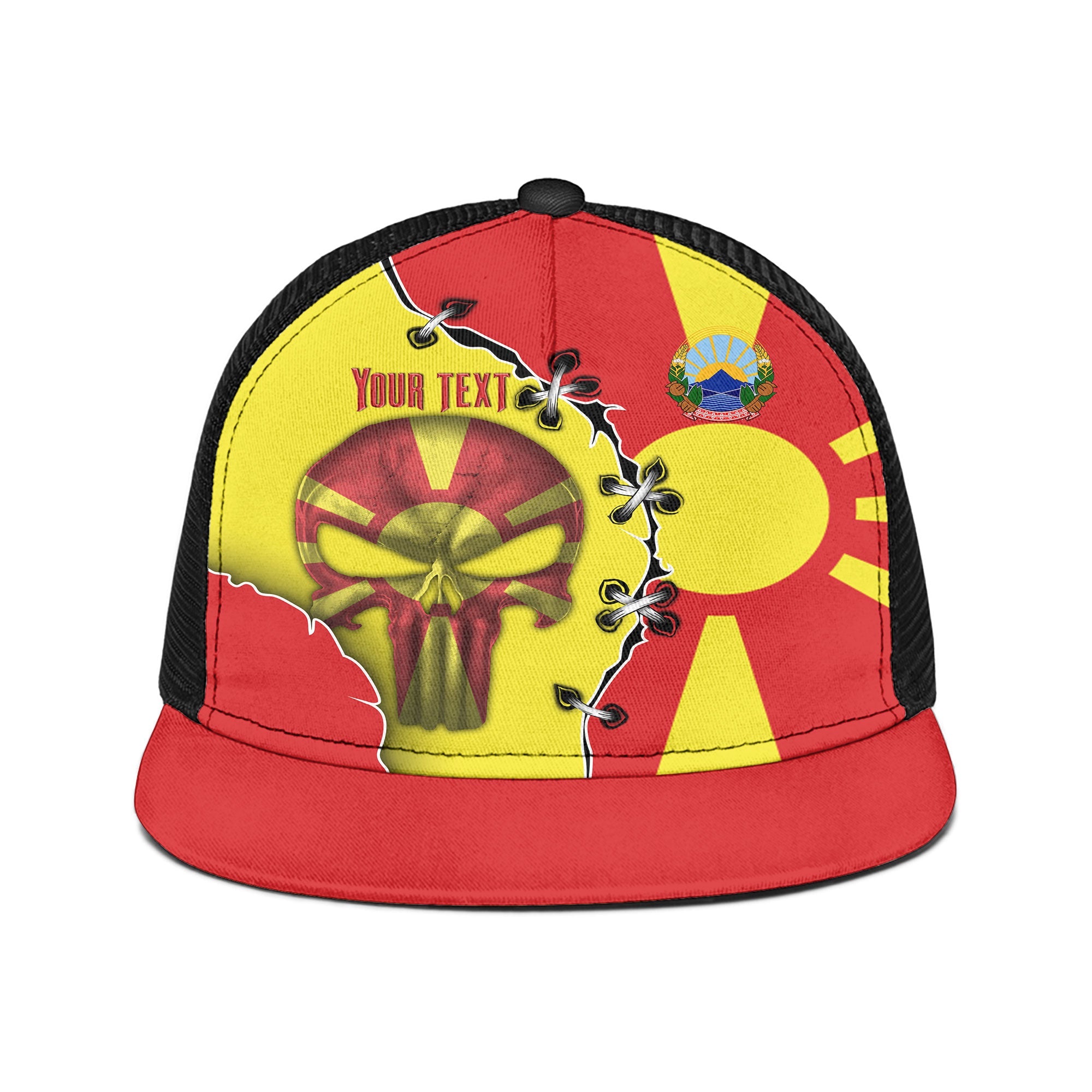 North Macedonia Trucker Hat Flag & Coat Of Arms Skull Style