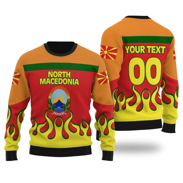 North Macedonia Ugly Sweater Flag & Coat Of Arms Fire Hockey Style