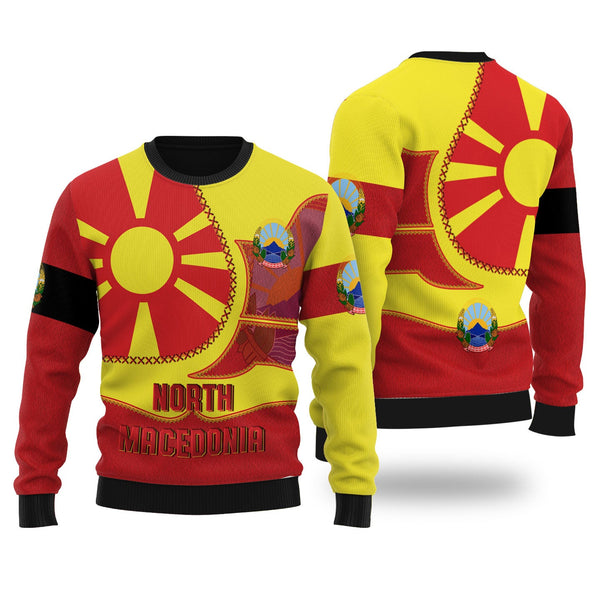 North Macedonia Ugly Sweater Flag & Coat Of Arms Leather Style