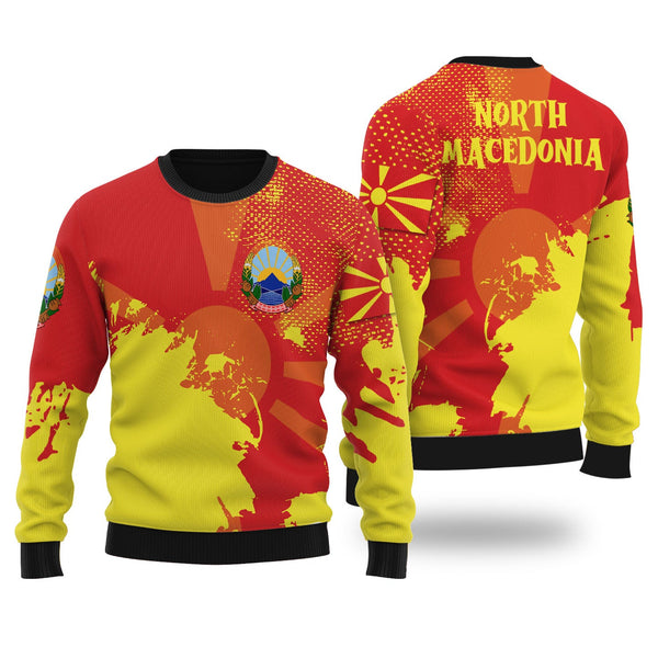 North Macedonia Ugly Sweater Flag & Coat Of Arms Paint Style