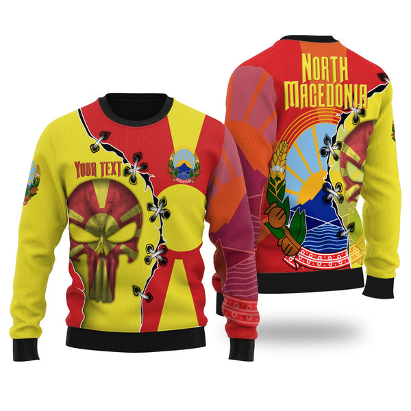 North Macedonia Ugly Sweater Flag & Coat Of Arms Skull Style