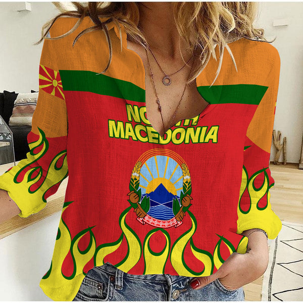 North Macedonia Women Casual Shirt Flag & Coat Of Arms Fire Hockey Style