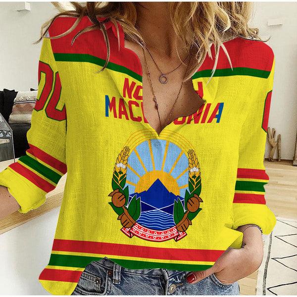 North Macedonia Women Casual Shirt Flag & Coat Of Arms Hockey Style