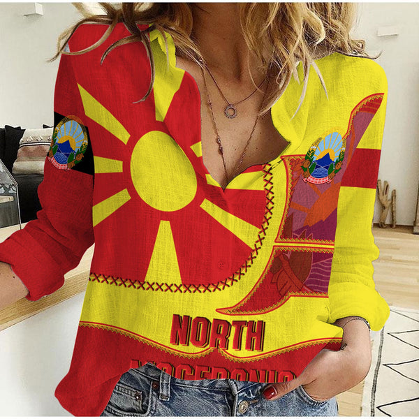 North Macedonia Women Casual Shirt Flag & Coat Of Arms Leather Style