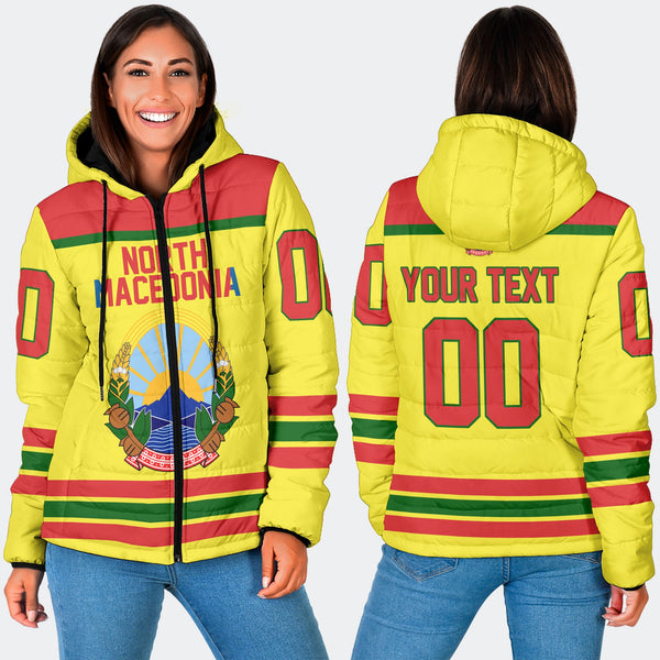 North Macedonia Women Hooded Padded Jacket Flag & Coat Of Arms Hockey Style