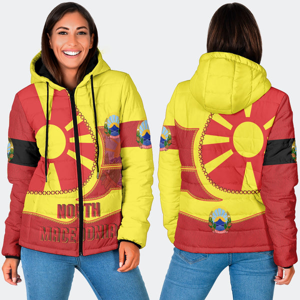 North Macedonia Women Hooded Padded Jacket Flag & Coat Of Arms Leather Style