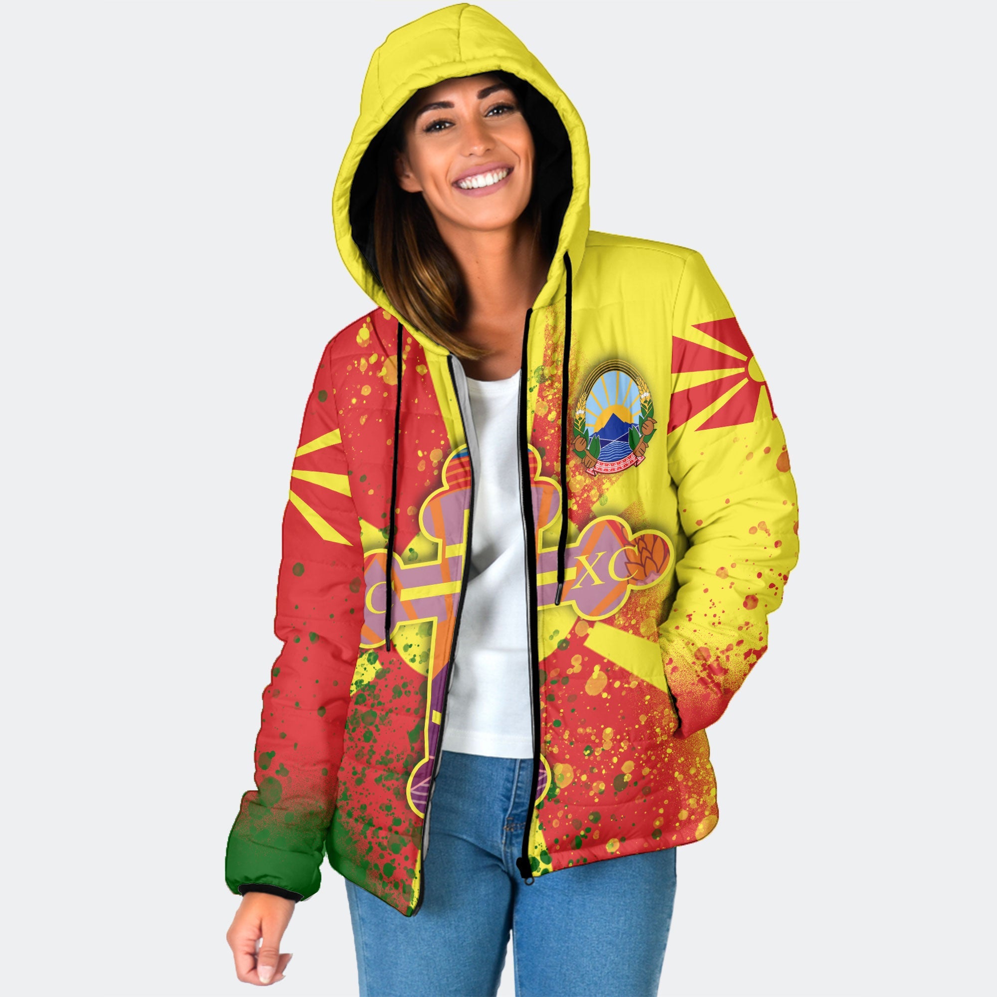 North Macedonia Women Hooded Padded Jacket Flag & Coat Of Arms Orthodox Style