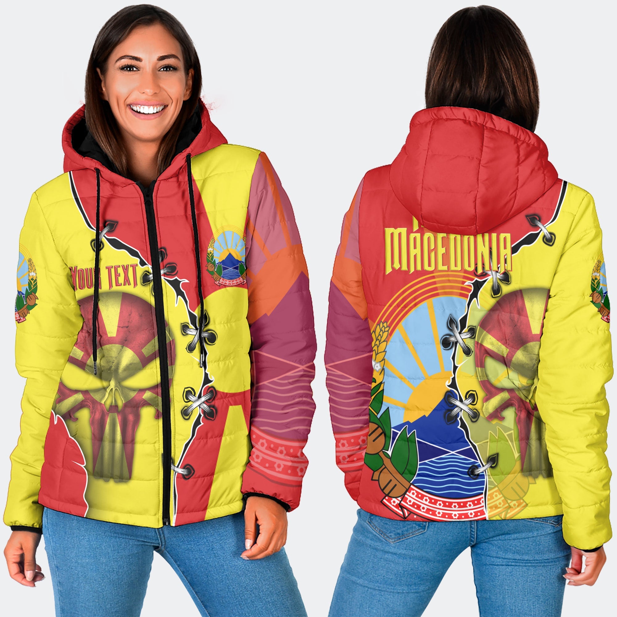 North Macedonia Women Hooded Padded Jacket Flag & Coat Of Arms Skull Style