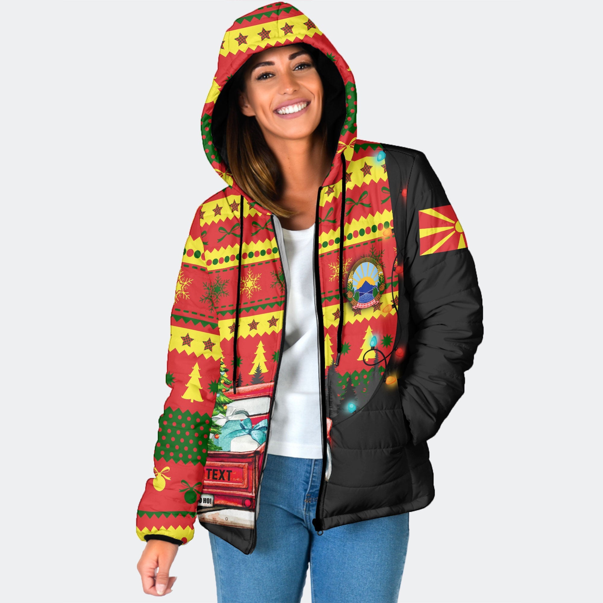 North Macedonia Women Hooded Padded Jacket Coat Of Arms Christmas Style