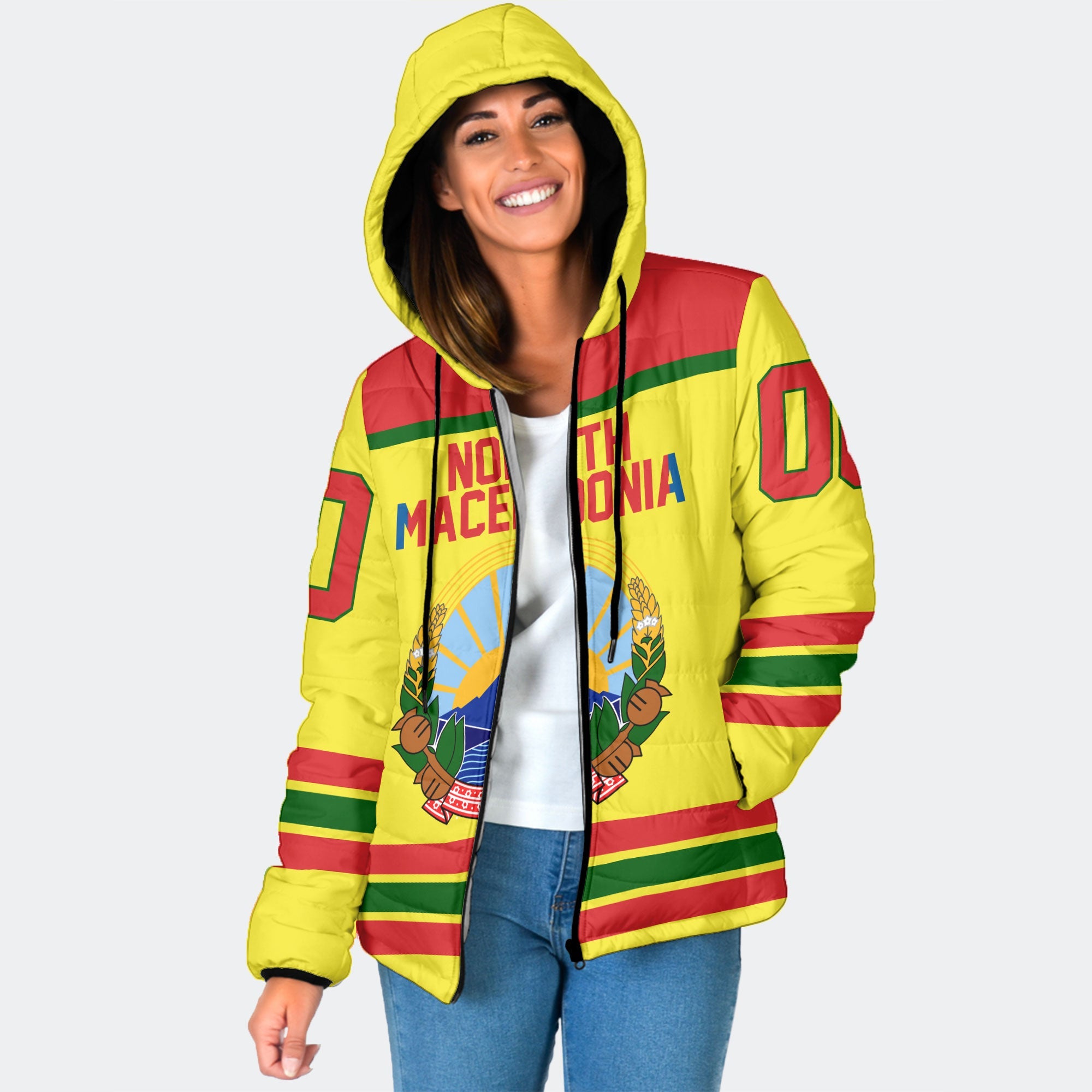 North Macedonia Women Hooded Padded Jacket Flag & Coat Of Arms Hockey Style