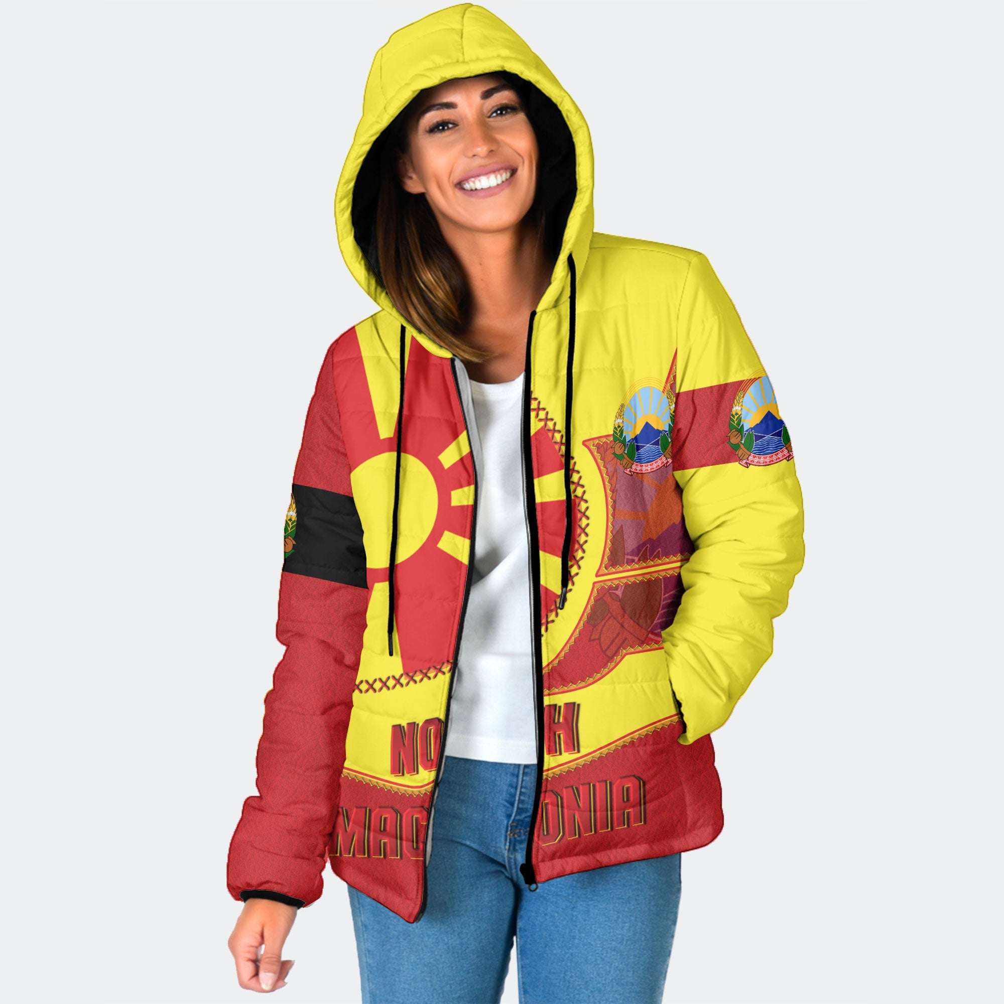 North Macedonia Women Hooded Padded Jacket Flag & Coat Of Arms Leather Style