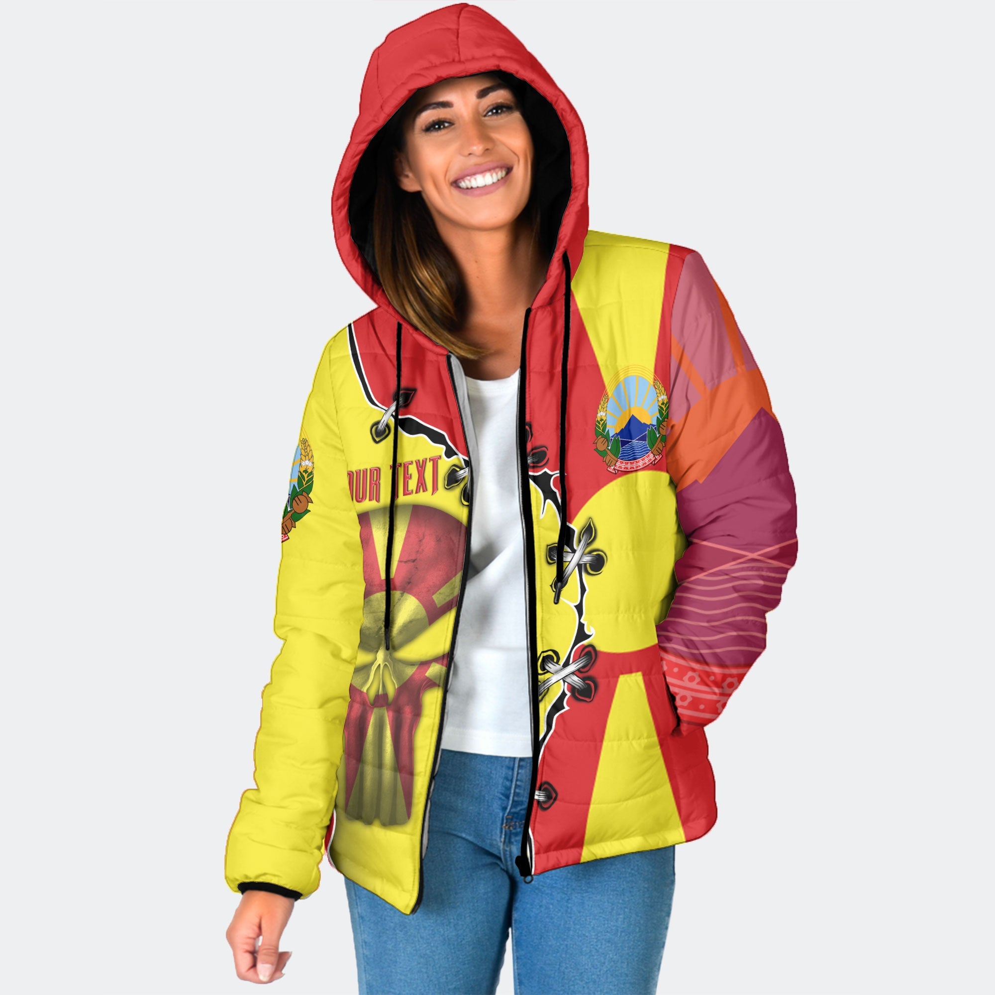 North Macedonia Women Hooded Padded Jacket Flag & Coat Of Arms Skull Style