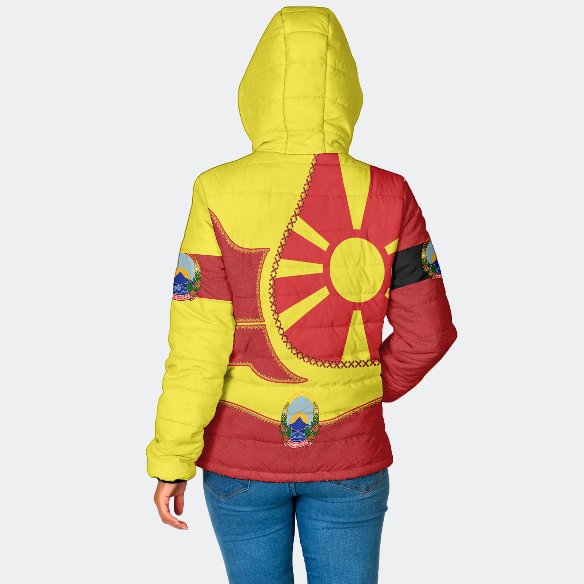 North Macedonia Women Hooded Padded Jacket Flag & Coat Of Arms Leather Style