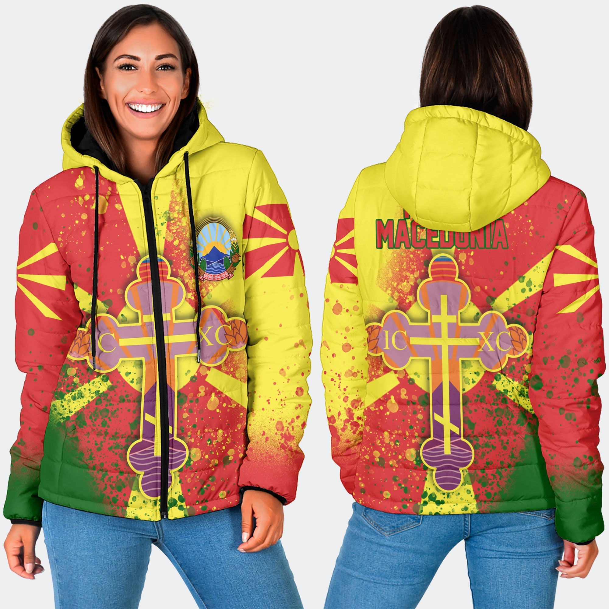 North Macedonia Women Hooded Padded Jacket Flag & Coat Of Arms Orthodox Style