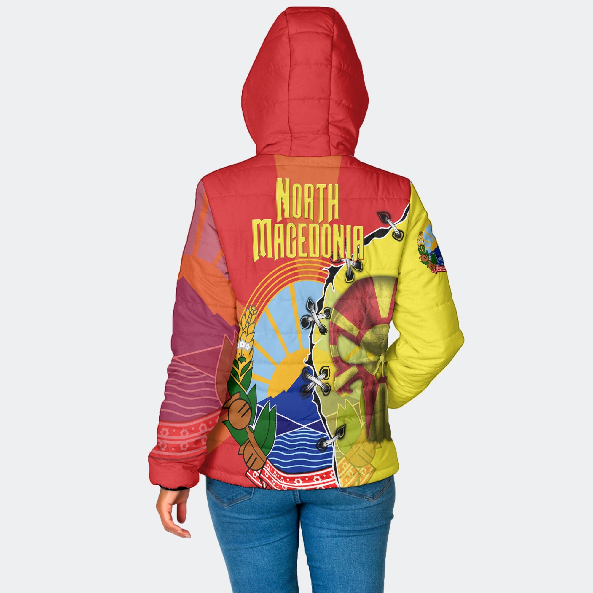 North Macedonia Women Hooded Padded Jacket Flag & Coat Of Arms Skull Style