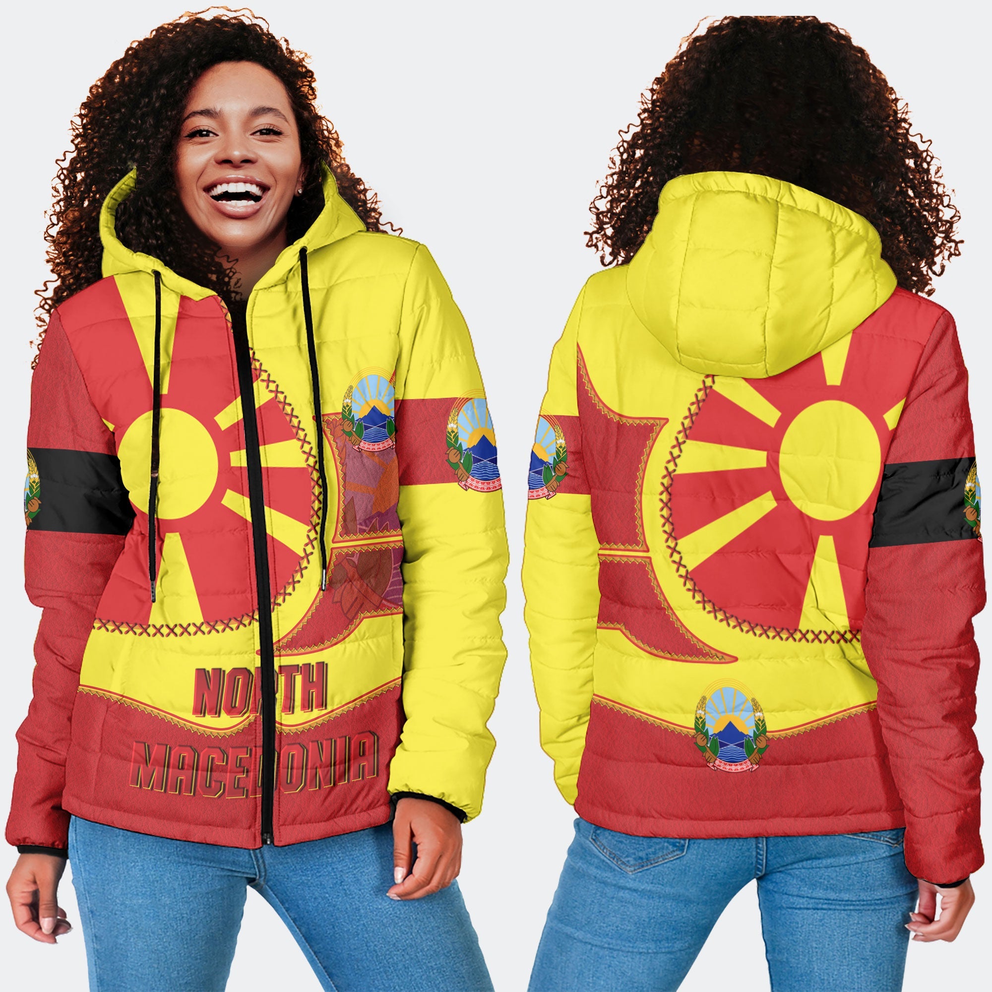 North Macedonia Women Hooded Padded Jacket Flag & Coat Of Arms Leather Style