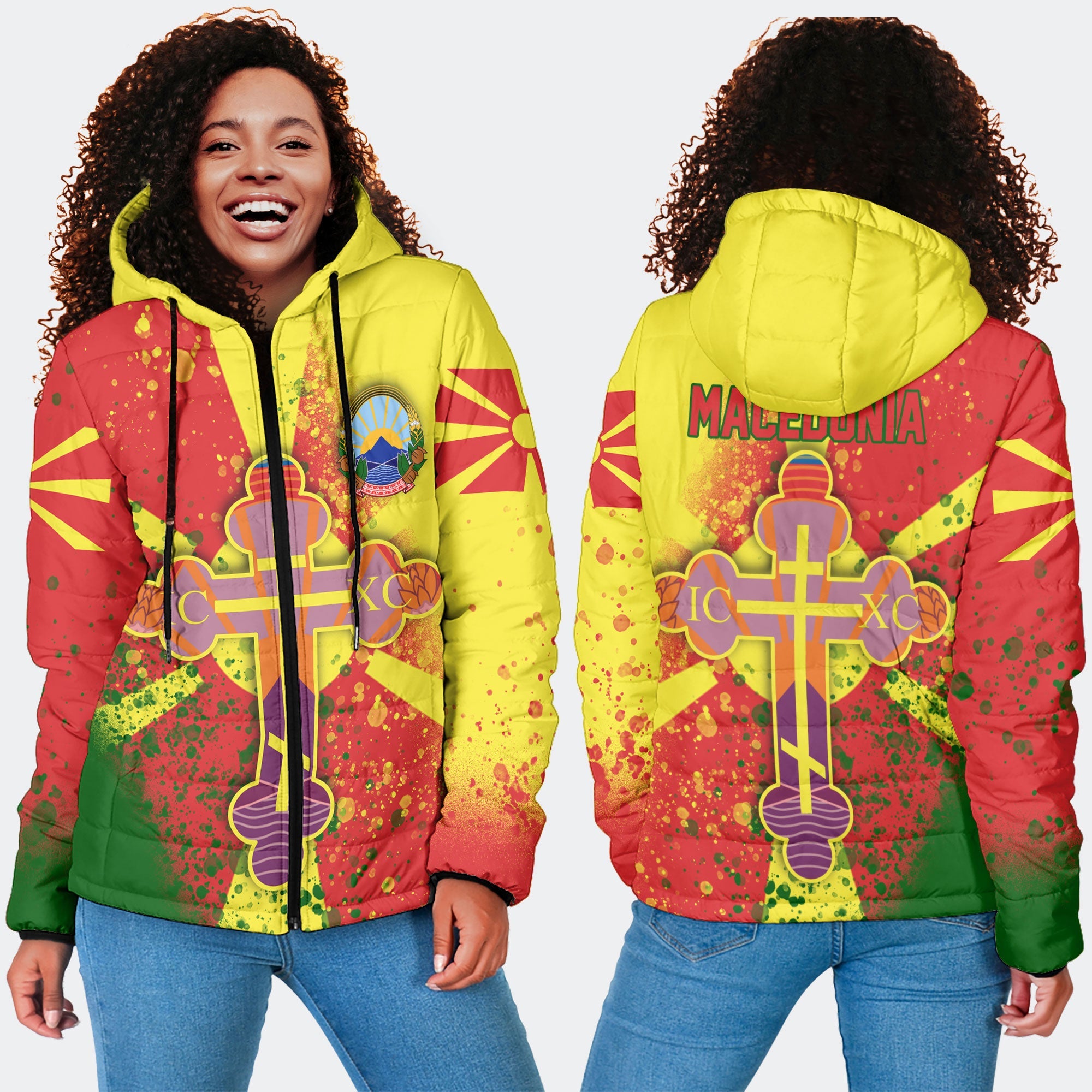 North Macedonia Women Hooded Padded Jacket Flag & Coat Of Arms Orthodox Style