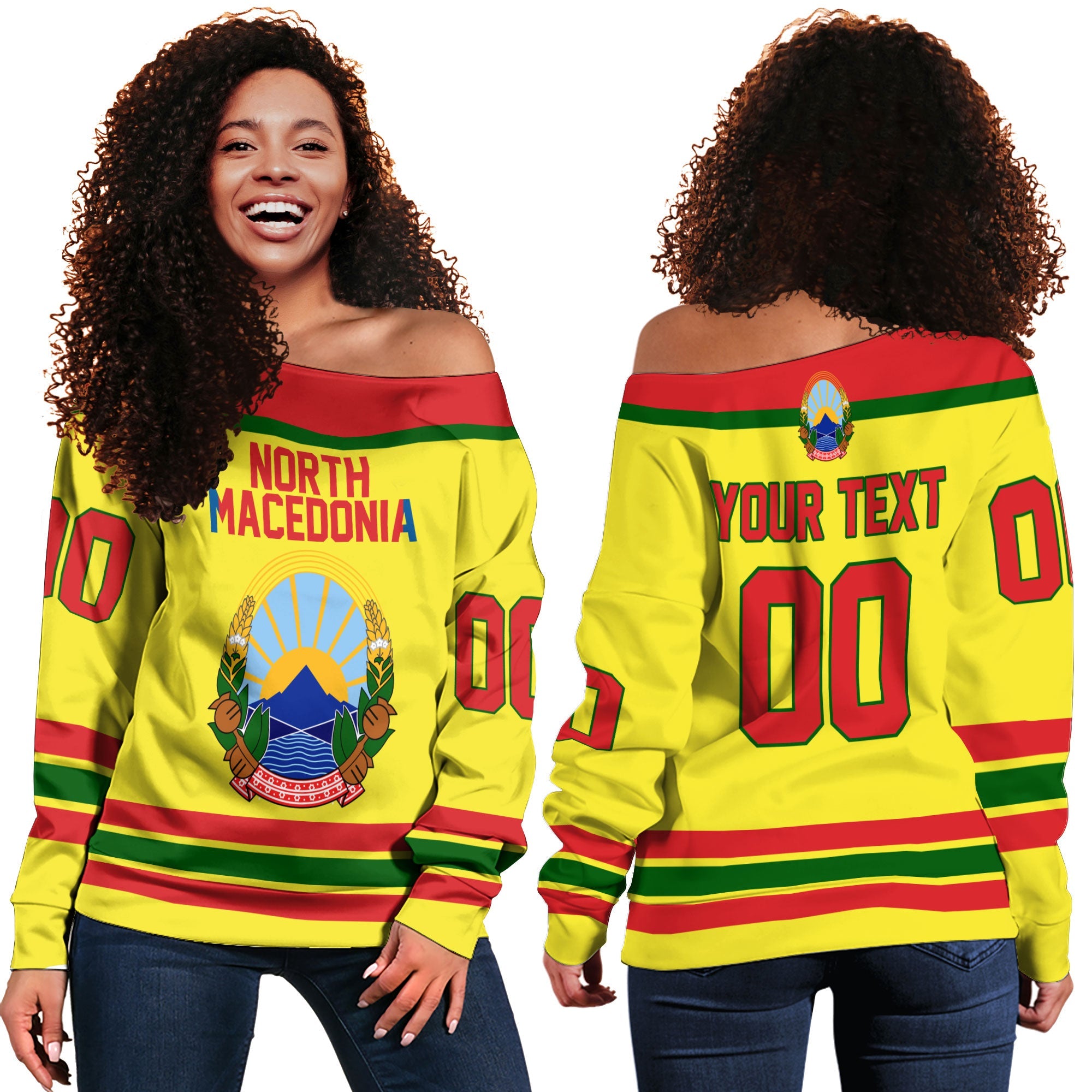 North Macedonia Women Off Shoulder Sweatshirt Flag & Coat Of Arms Hockey Style